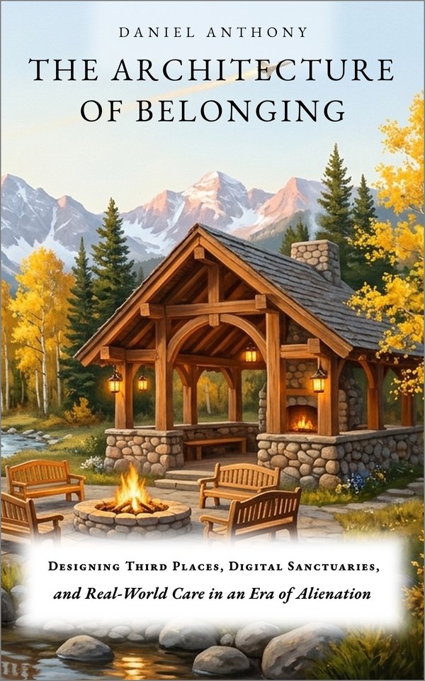 The cover of The Architecture of Belonging by Daniel Anthony: a timber pavilion and warm lantern hearth in a mountain clearing beneath the stars.