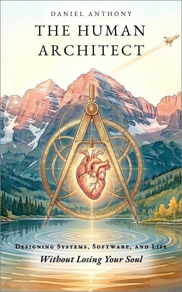 The cover of The Human Architect by Daniel Anthony: a human silhouette bridging warm organic neural roots and golden architectural geometry at mountain dawn.